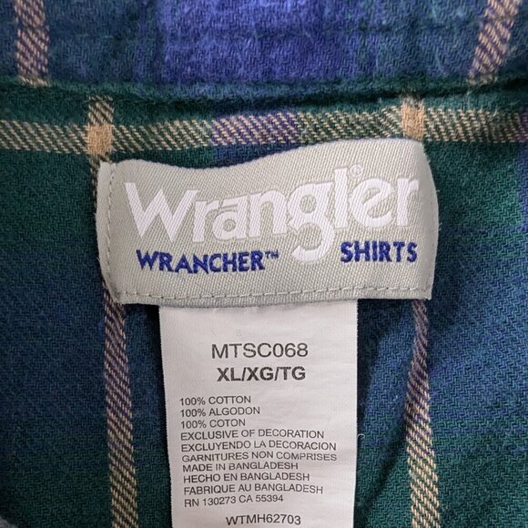 VTG Wrangler Wrancher Shirt Blue Green Plaid Pearl Snap Long Sleeve Shirt - Picture 6 of 7